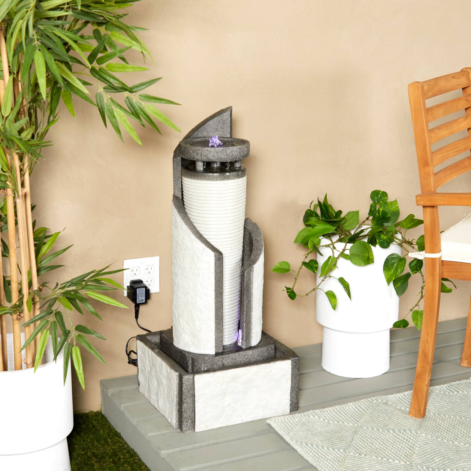 34.5" Light Gray Fiberglass 2-Tier Geometric Fountain with LED Light